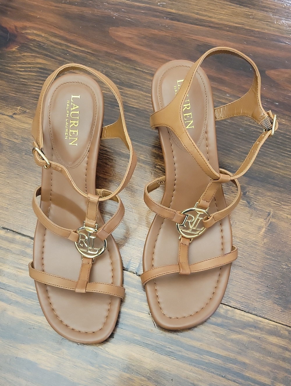 Lauren Ralph Lauren Tan Strappy Sandals with Gold Logo